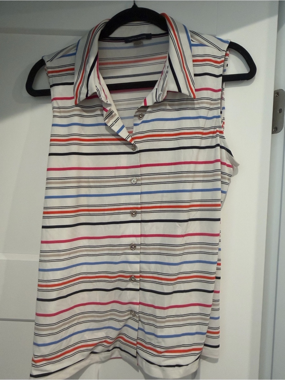 Women’s Sleeveless Striped Button-Front Top in White with Multi Color Stripes